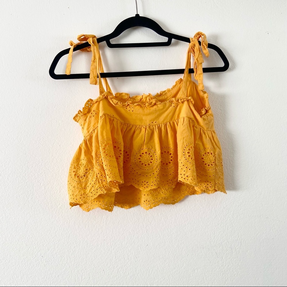 Urban Outfitters gold yellow crop top ruffle tie straps embroidered small blouse - Picture 5 of 5